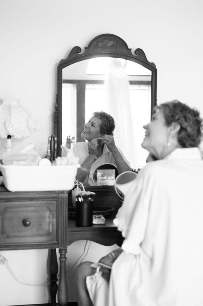mother of the bride getting ready at countryside chalet