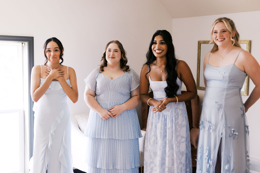 bridesmaids first look at countryside chalet