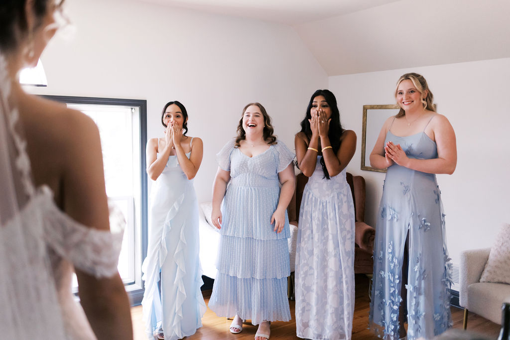 bridesmaids first look at countryside chalet