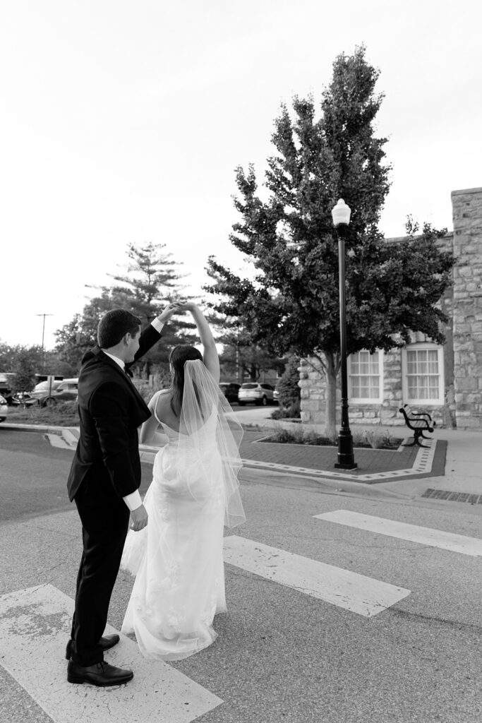 bride & groom in downtown Overland Park