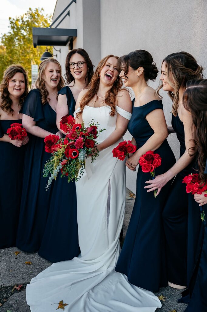 wedding party bridesmaid photos outside of Mission Theatre